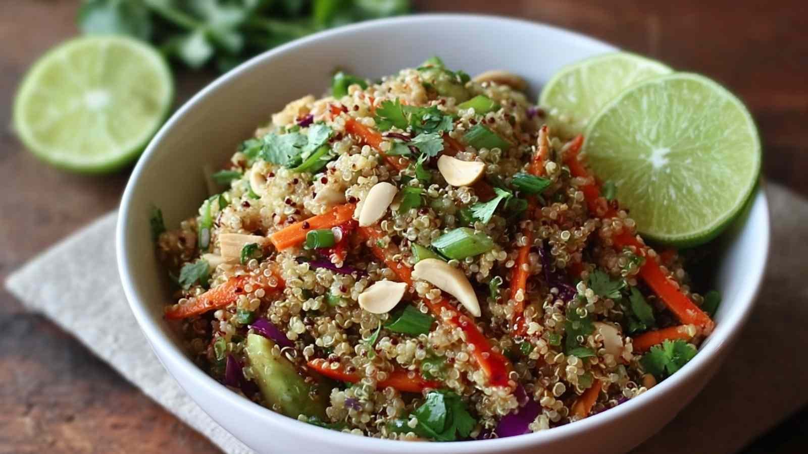 Thai Quinoa Crunch Salad being tossed with sesame-lime dressing and fresh veggies