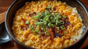 Creamy cheesy ramen noodles in white bowl garnished with green onions