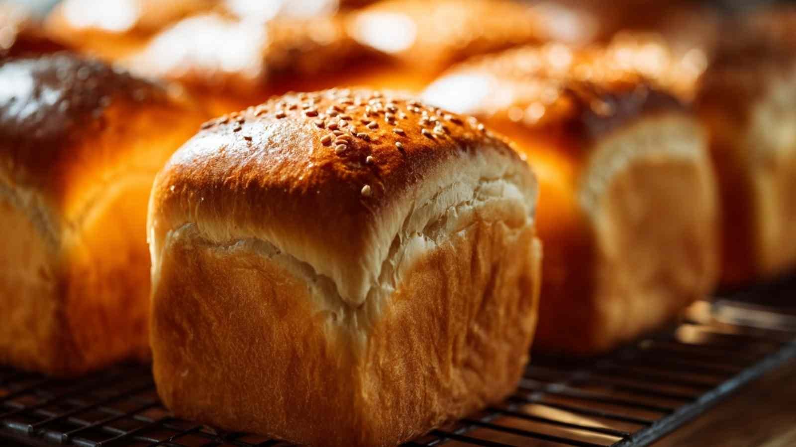 Sliced zero carb yogurt bread showing fluffy texture on wooden cutting board