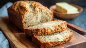 Sliced banana bread with applesauce and yogurt showing moist texture and golden brown crust