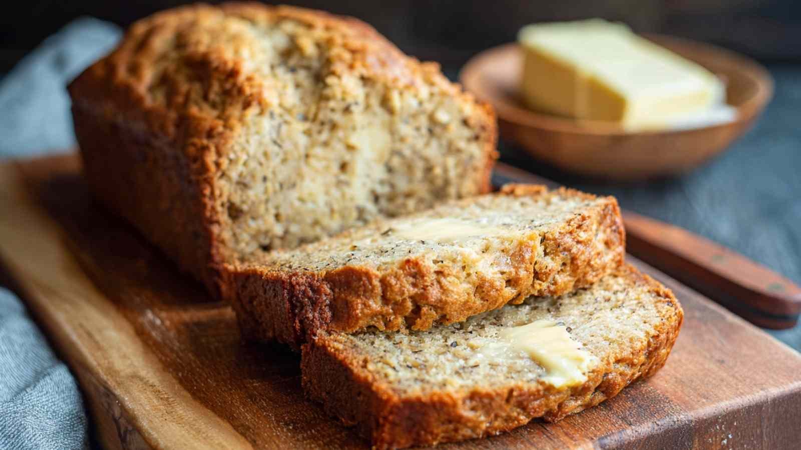 Sliced banana bread with applesauce and yogurt showing moist texture and golden brown crust