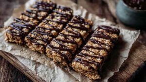 Easy banana peanut butter oatmeal bars cut into squares on parchment paper