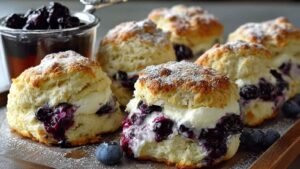 Warm blueberry biscuits with lemon glaze on white plate