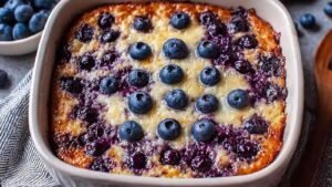Blueberry Cottage Cheese Breakfast Bake served warm with fresh blueberries on top