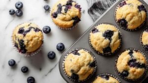 Fresh blueberry protein muffins on cooling rack with golden tops