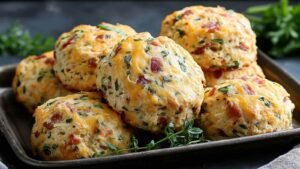 Breakfast protein biscuits with melted cheese on top cooling on baking sheet