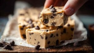 Cookie Dough Protein Bars cut into squares on parchment paper with chocolate chips