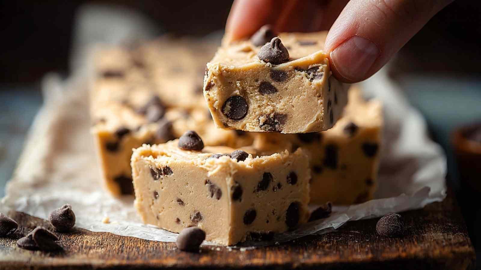 Cookie Dough Protein Bars cut into squares on parchment paper with chocolate chips