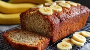 Cottage cheese banana bread sliced on cutting board showing moist texture