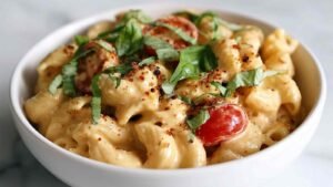 High protein cottage cheese pasta sauce in pan showing creamy texture with herbs