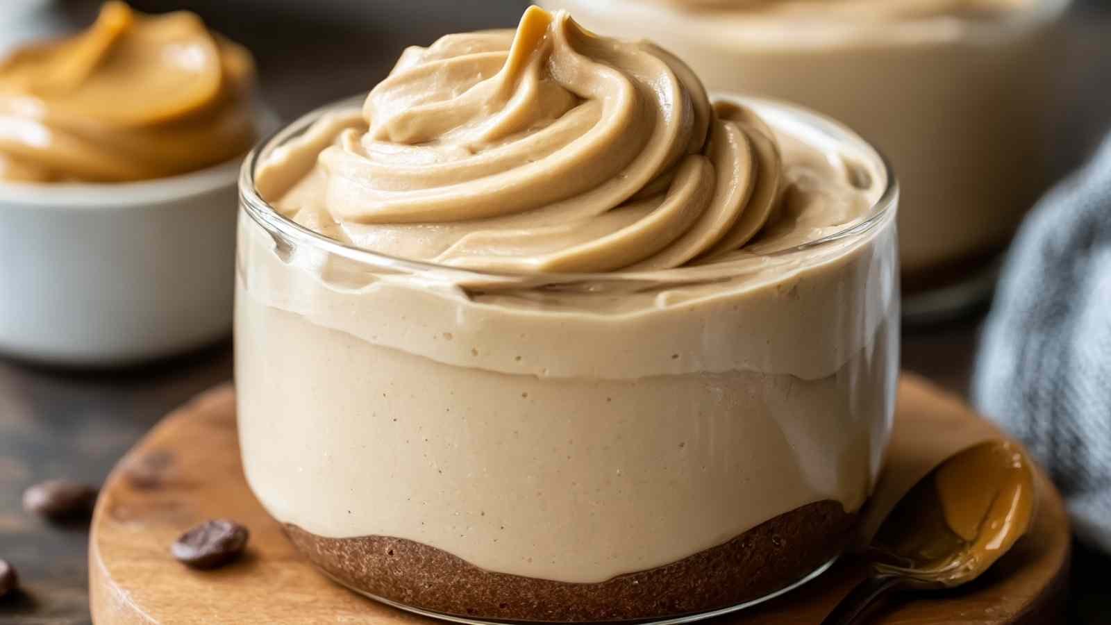 Cottage cheese peanut butter mousse in clear glasses topped with berries