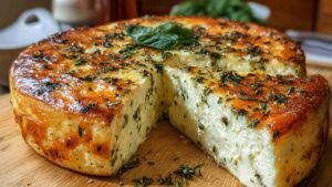 Cottage cheese and spinach crustless quiche golden brown and set in pie dish