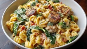 Creamy protein-packed pasta bowl with chicken sausage and vegetables in white bowl