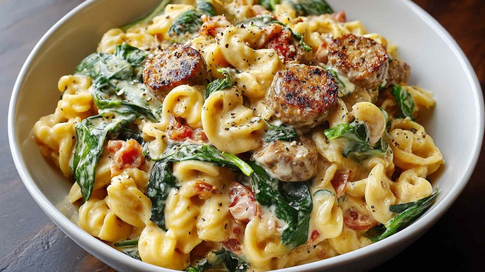 Creamy protein-packed pasta bowl with chicken sausage and vegetables in white bowl