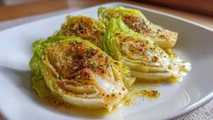Golden brown crispy air fryer cabbage wedges with caramelized edges on serving plate