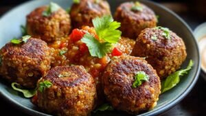 Hands forming vegetarian lentil meatballs mixture into balls on parchment-lined baking sheet