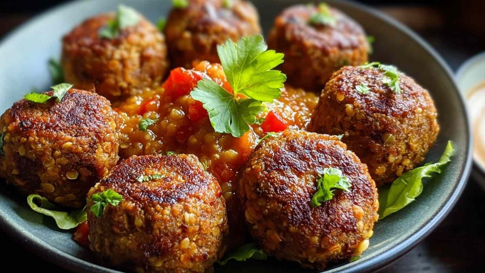 Hands forming vegetarian lentil meatballs mixture into balls on parchment-lined baking sheet