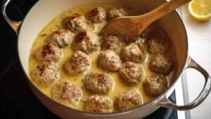 Greek meatballs in lemon sauce served in white bowl with fresh herbs and lemon wedges