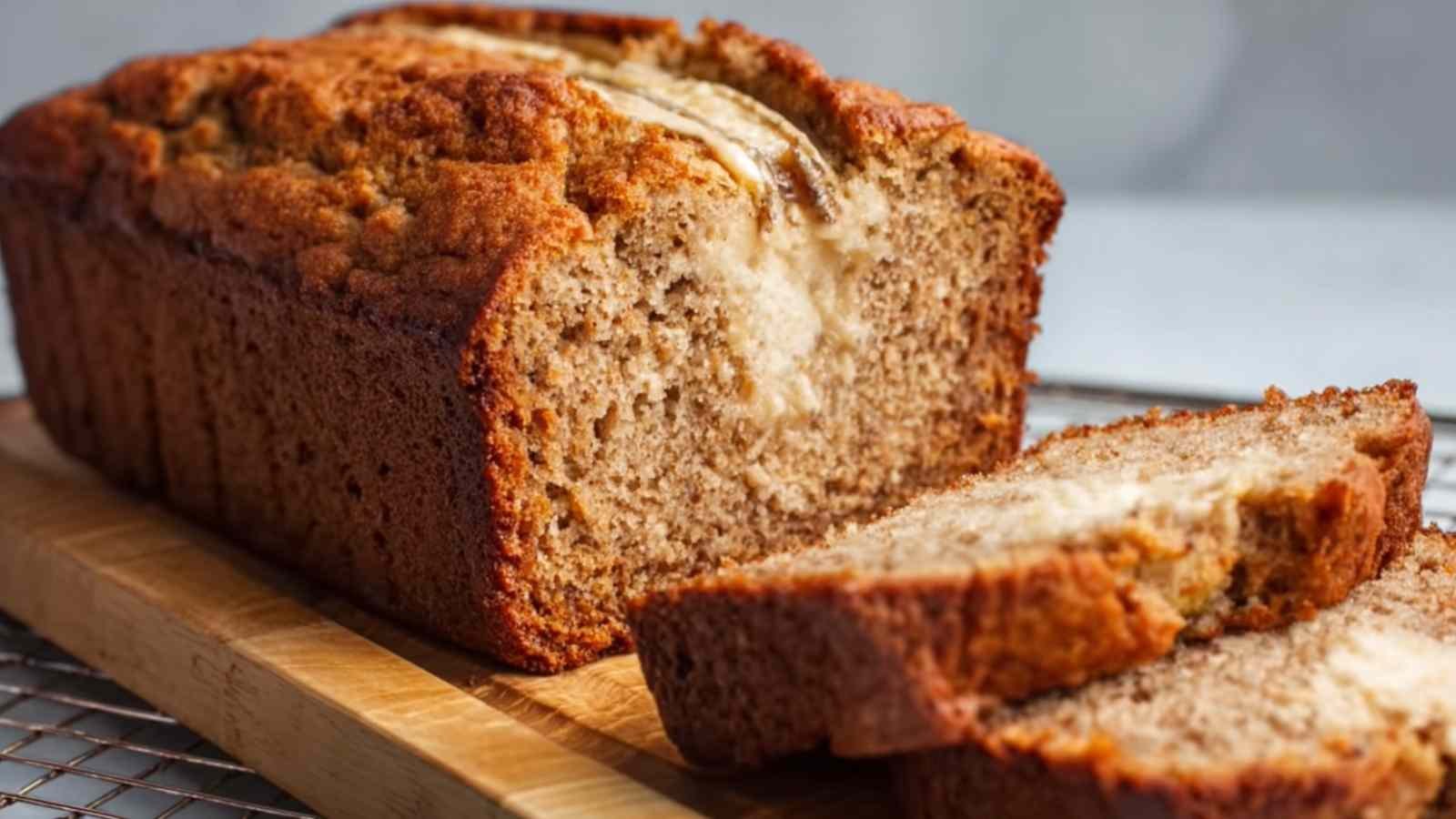 Greek yogurt banana bread sliced on wooden cutting board showing moist texture