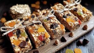 Healthy no bake granola bars cut into squares on parchment paper