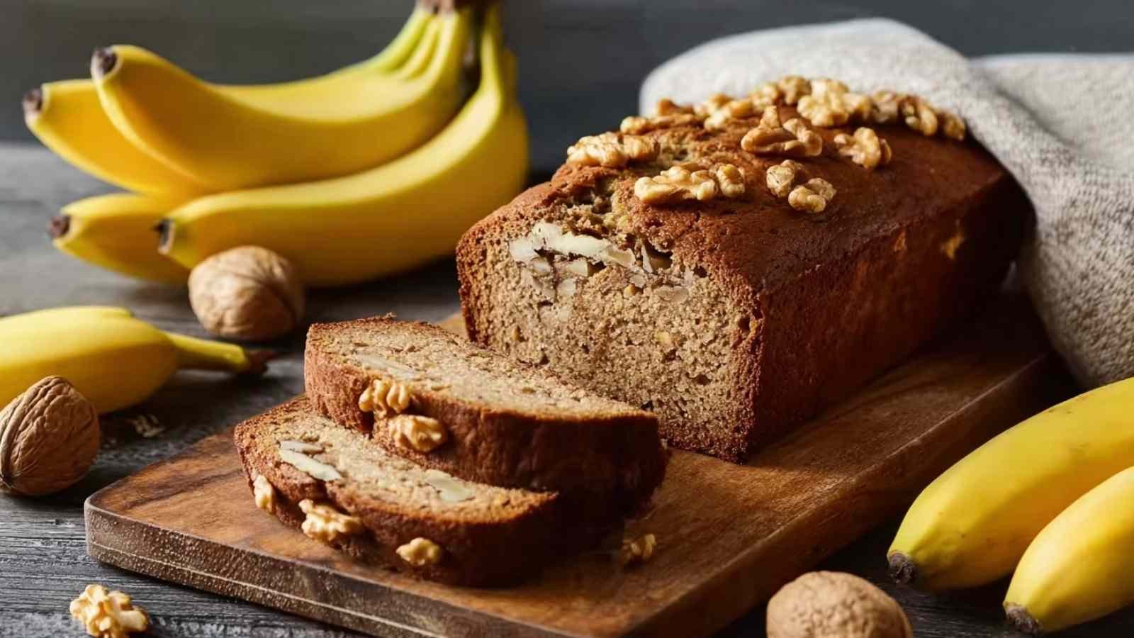 High protein banana bread slices on wire cooling rack showing moist texture
