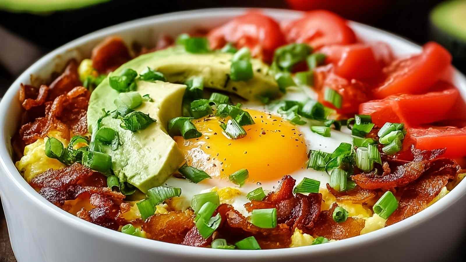 High protein breakfast bowl with scrambled eggs, bacon, avocado and fresh toppings