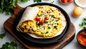 High-protein breakfast burrito cut in half showing scrambled eggs, chicken, and black beans filling