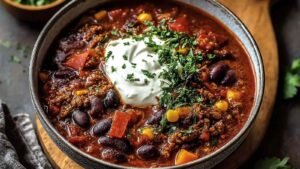 protein chili in bowl with toppings showing ground beef and beans