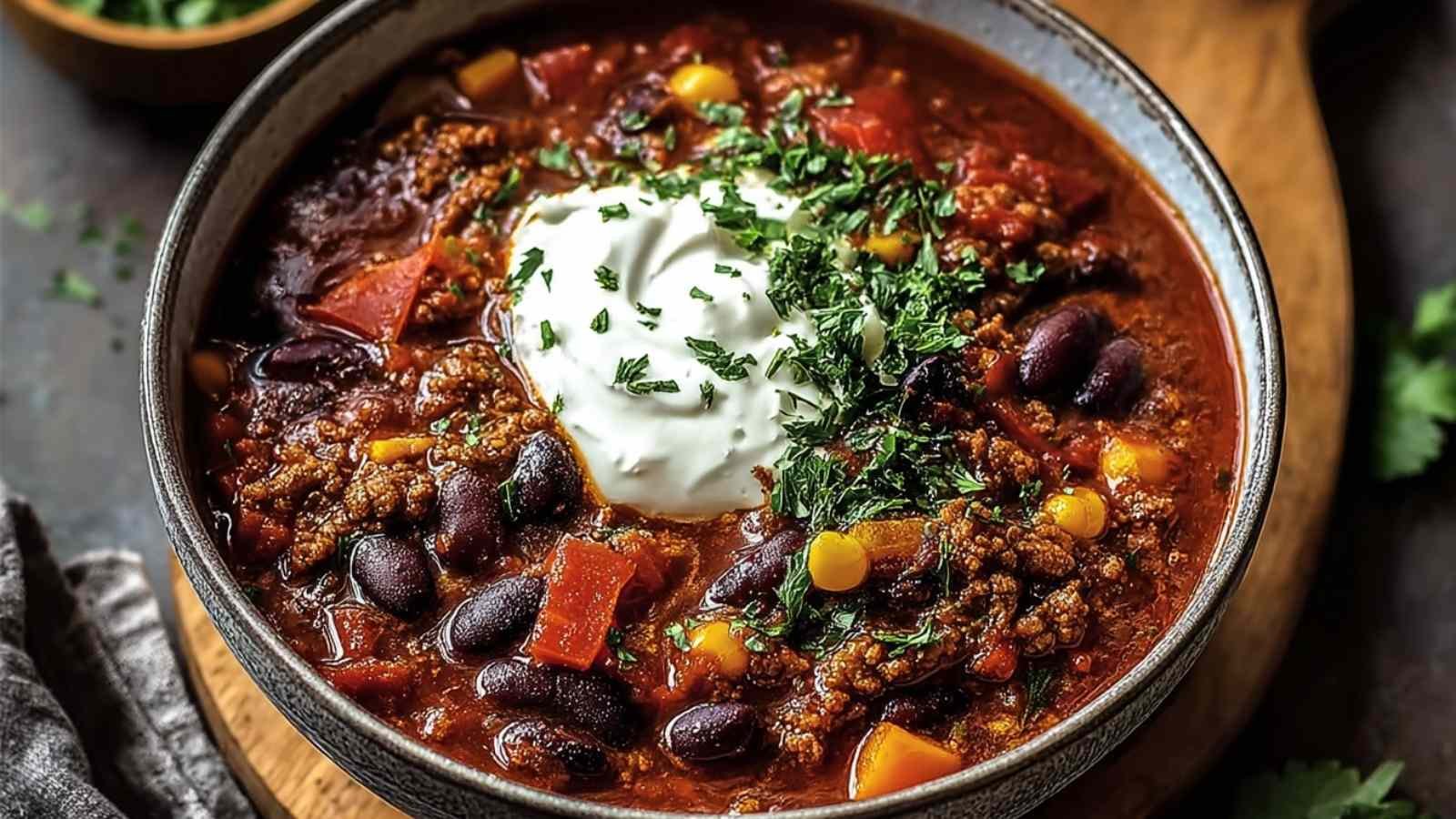 protein chili in bowl with toppings showing ground beef and beans