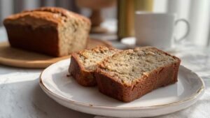 High protein gluten free banana bread sliced on cooling rack showing moist texture