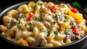 High-protein creamy philly cheesesteak mac and cheese in black skillet with melted cheese sauce