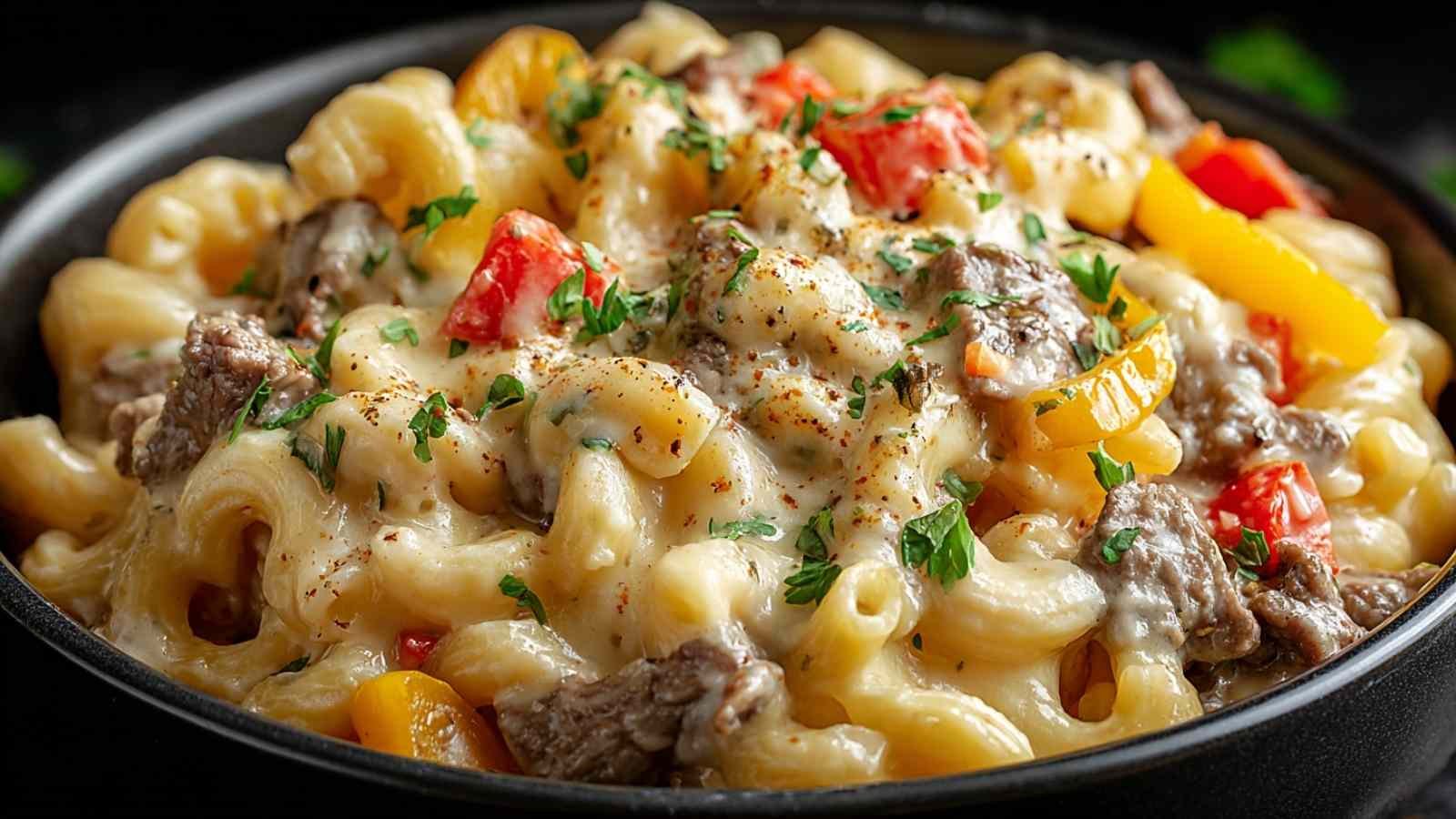 High-protein creamy philly cheesesteak mac and cheese in black skillet with melted cheese sauce