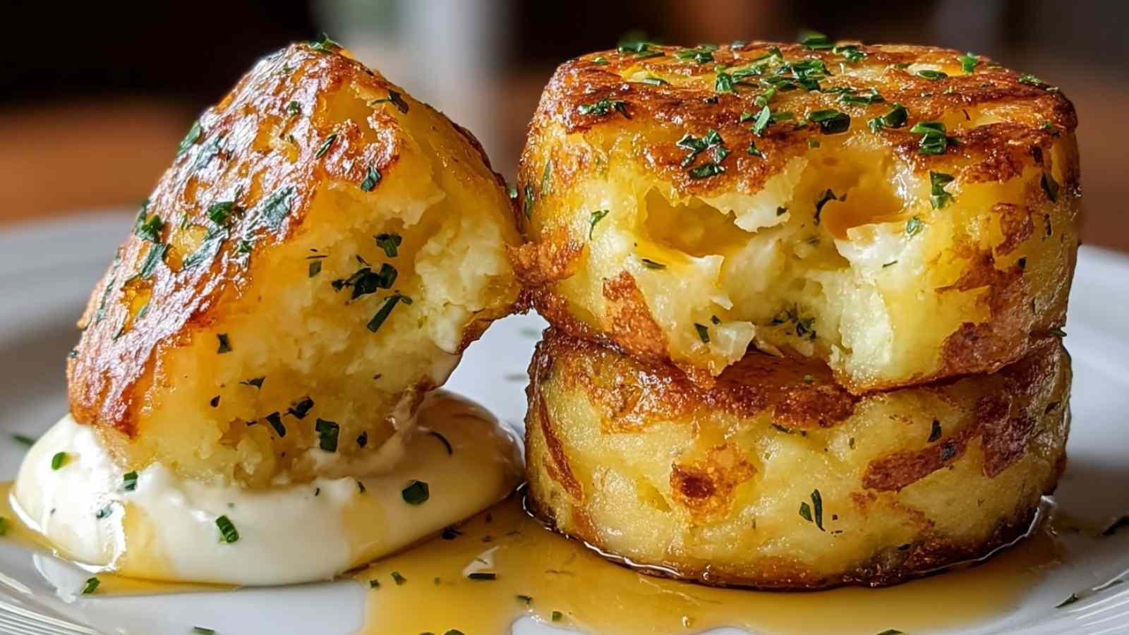 Golden crispy mashed potato cheese puffs arranged on white serving plate with melted cheese visible