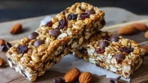 Homemade protein granola bars cut into squares on parchment paper with oats and chocolate chips visible