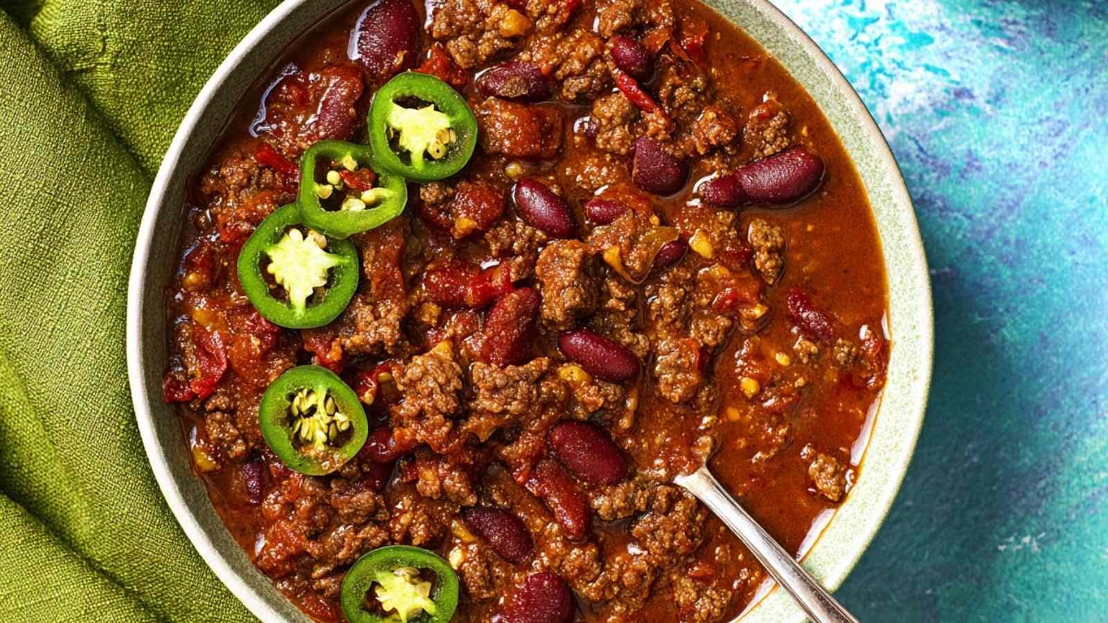 Short rib and chorizo chili served in white bowl with cheese and cilantro toppings