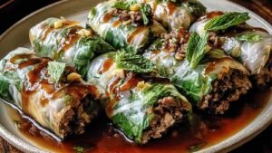 Thai Basil Beef Rolls arranged on white platter with dipping sauce
