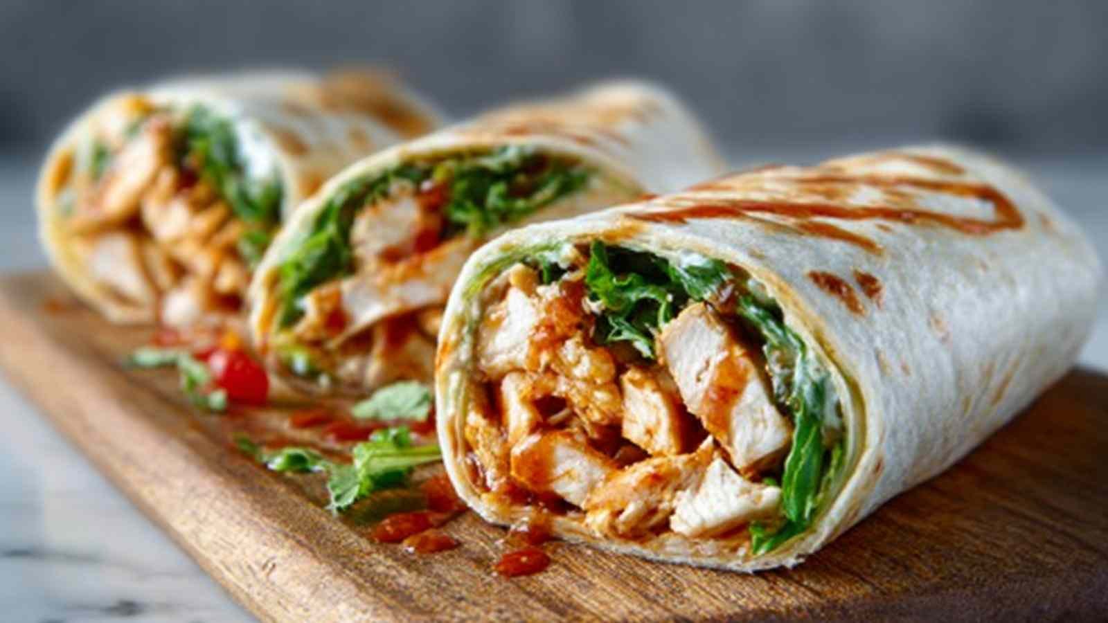 Thai peanut chicken wraps cut in half showing chicken, vegetables, and peanut sauce filling