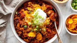 Turkey chili in bowl with toppings showing high protein meal