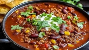 Turkey chili recipe in a bowl with garnishes