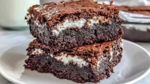 Zero-sugar Greek yogurt brownies cut into squares on white plate