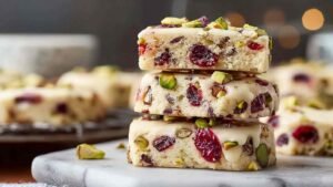 Cranberry Pistachio Shortbread Cookies cut into squares with white chocolate drizzle on parchment paper