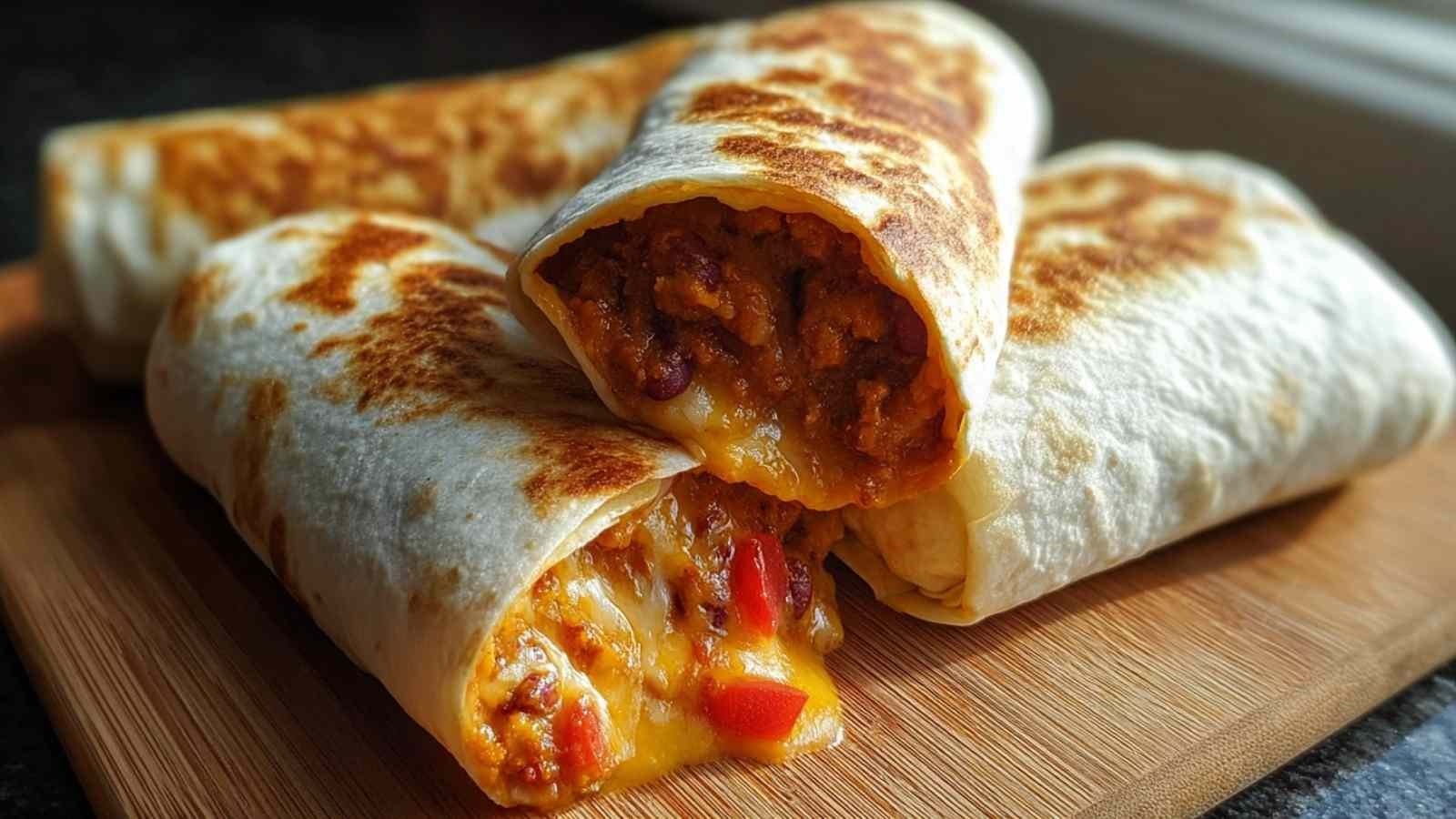 Golden crispy vegetarian bean and cheese burritos cooking in cast iron skillet