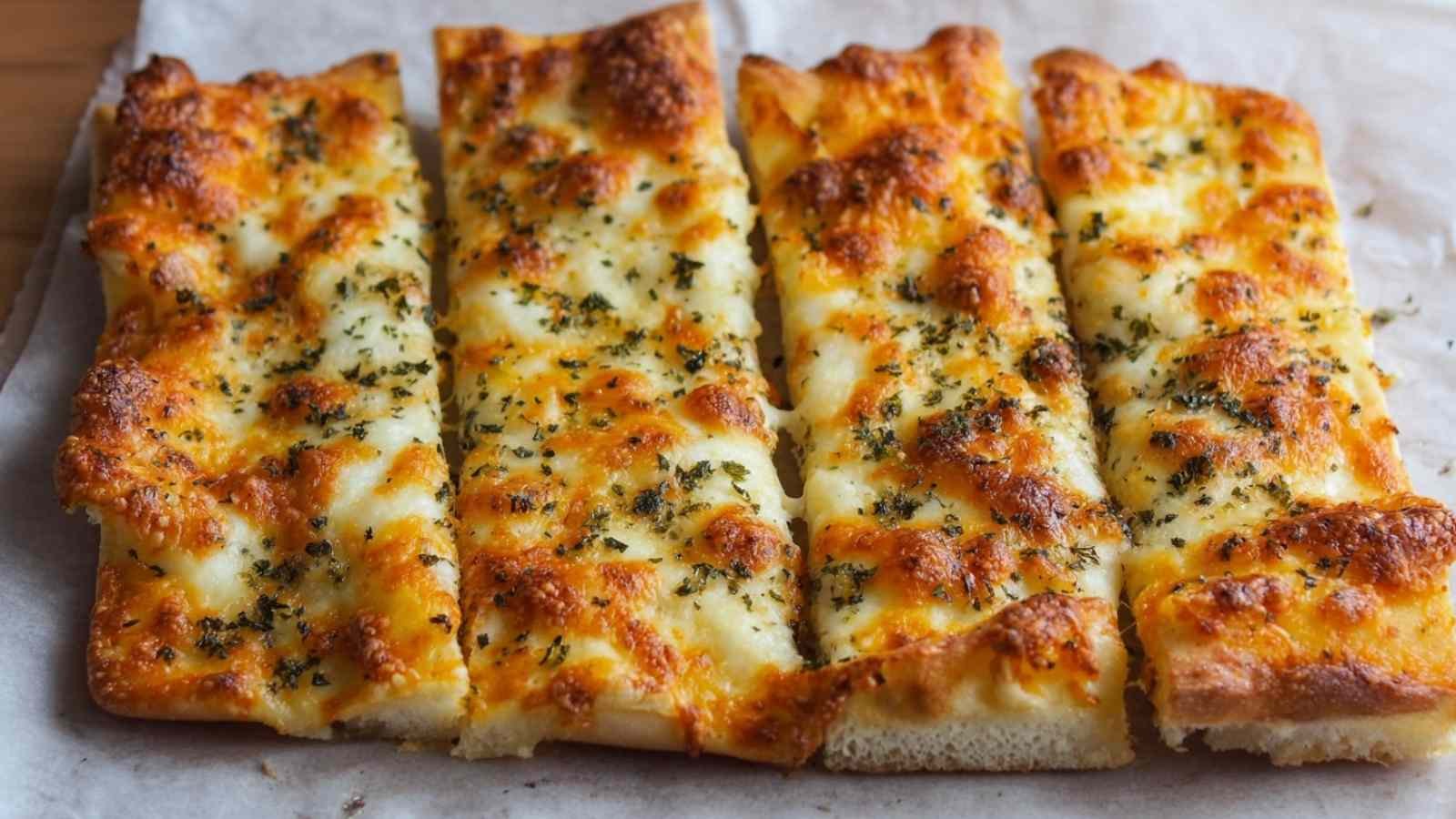 Golden cheesy garlic breadsticks fresh from oven with bubbly melted cheese