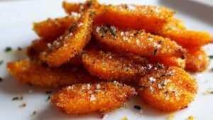 Golden brown crispy smashed carrots with caramelized edges garnished with fresh herbs on white serving plate