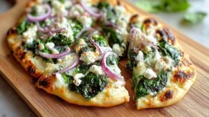 Spinach and feta flatbread pizza topped with mozzarella cheese, fresh spinach, red onions, and crumbled feta before baking