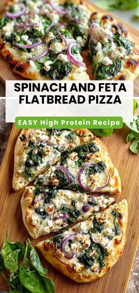 Easy High Protein Spinach and Feta Flatbread Pizza Recipe.