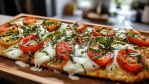 Margherita Flat Bread Pizza topped with fresh mozzarella, sliced tomatoes ready for 475 degree oven