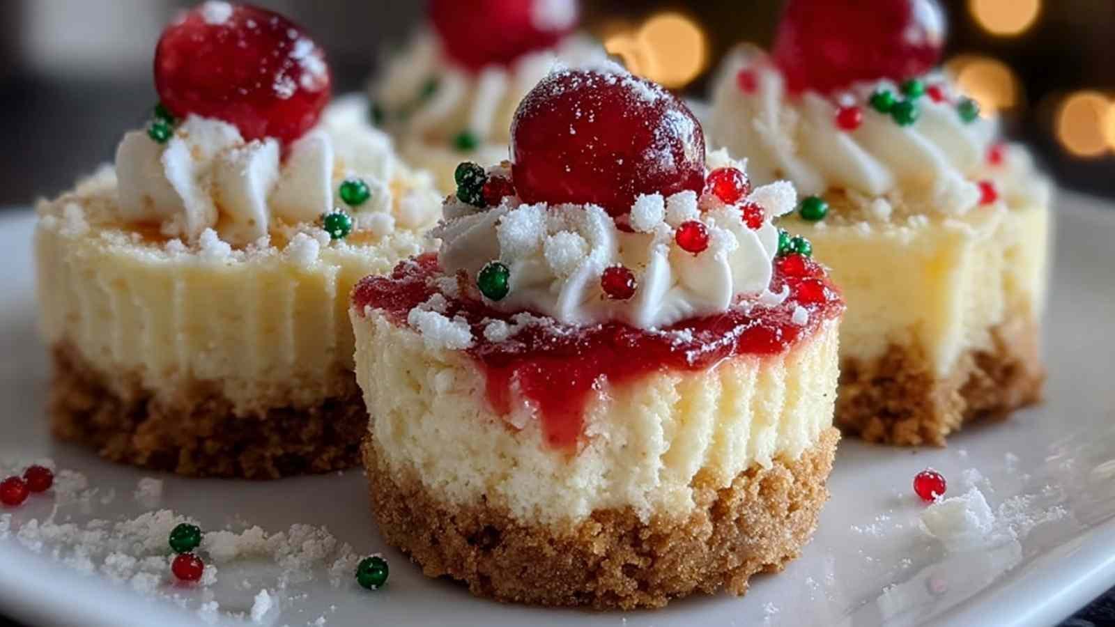 Mini Christmas cheesecakes topped with red and green sprinkles on white serving plate for holiday party