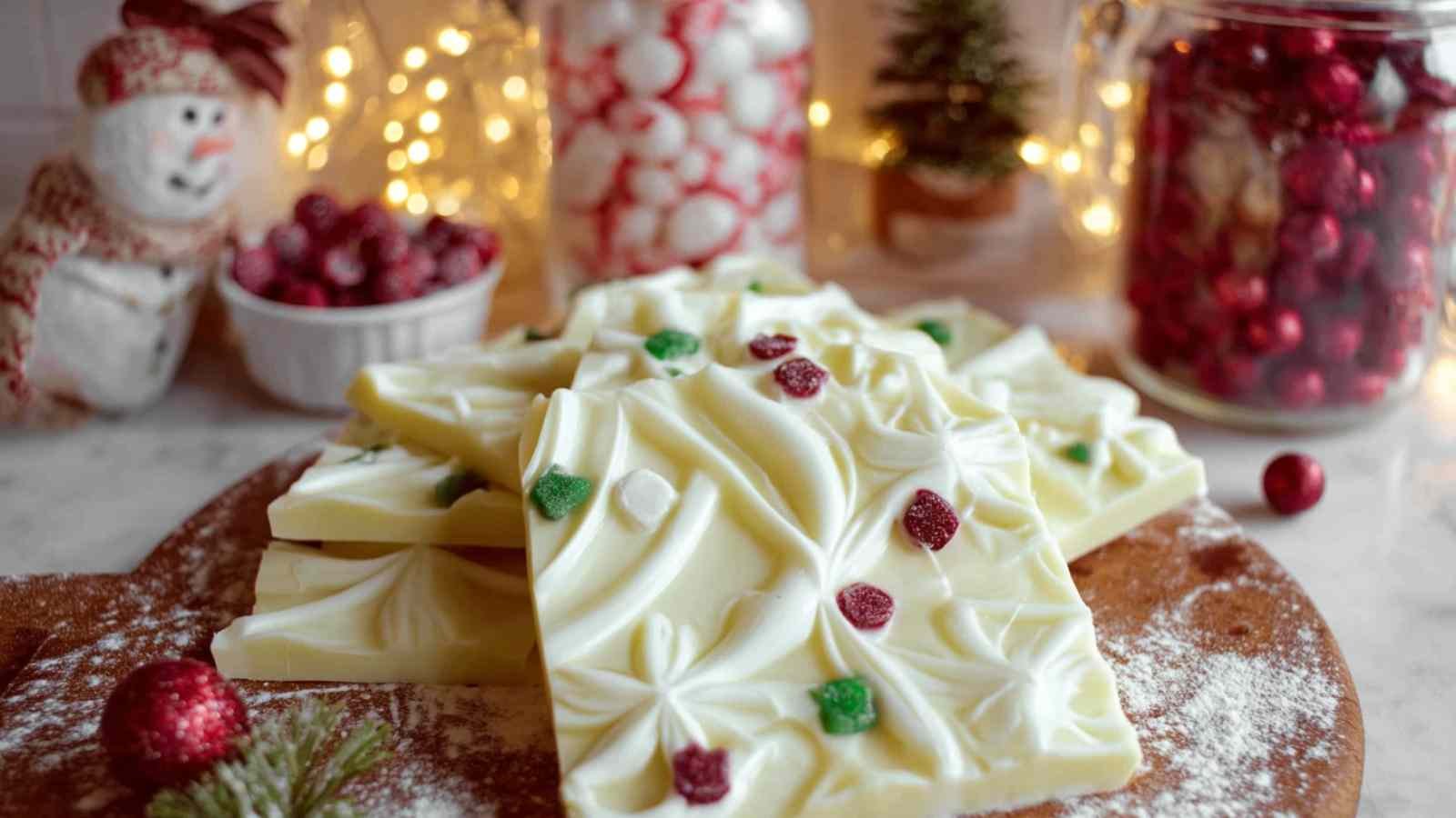 White chocolate Christmas bark being spread on parchment paper with colorful candy melts ready for swirling