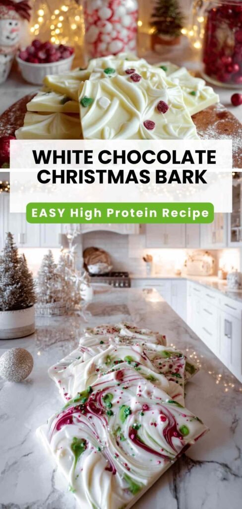 Easy White Chocolate Christmas Bark Recipe - High Protein Holiday Treat.